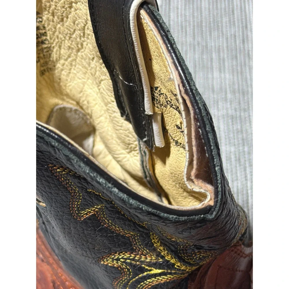 Kids Western Cowboy Boots Brown Faux Alligator Square Toe Black Shaft Stitched‎